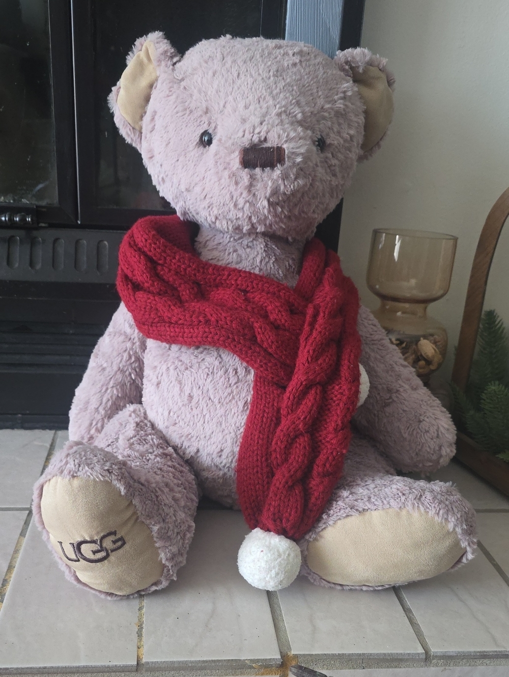 UGG Plush Bear in Mauve with Red Knit Scarf